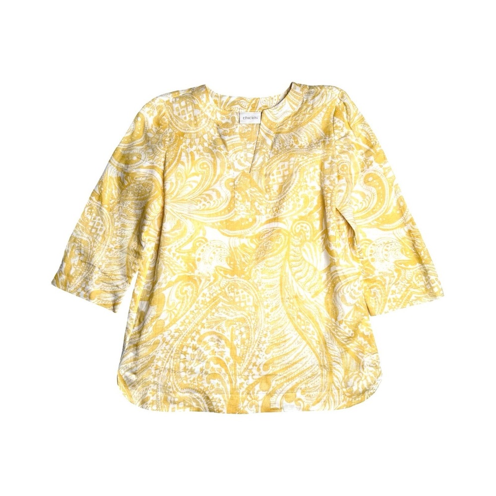Chico's Paisley Linen Sequin Split Neck Tunic Yellow White Women‎ Size 0 US S